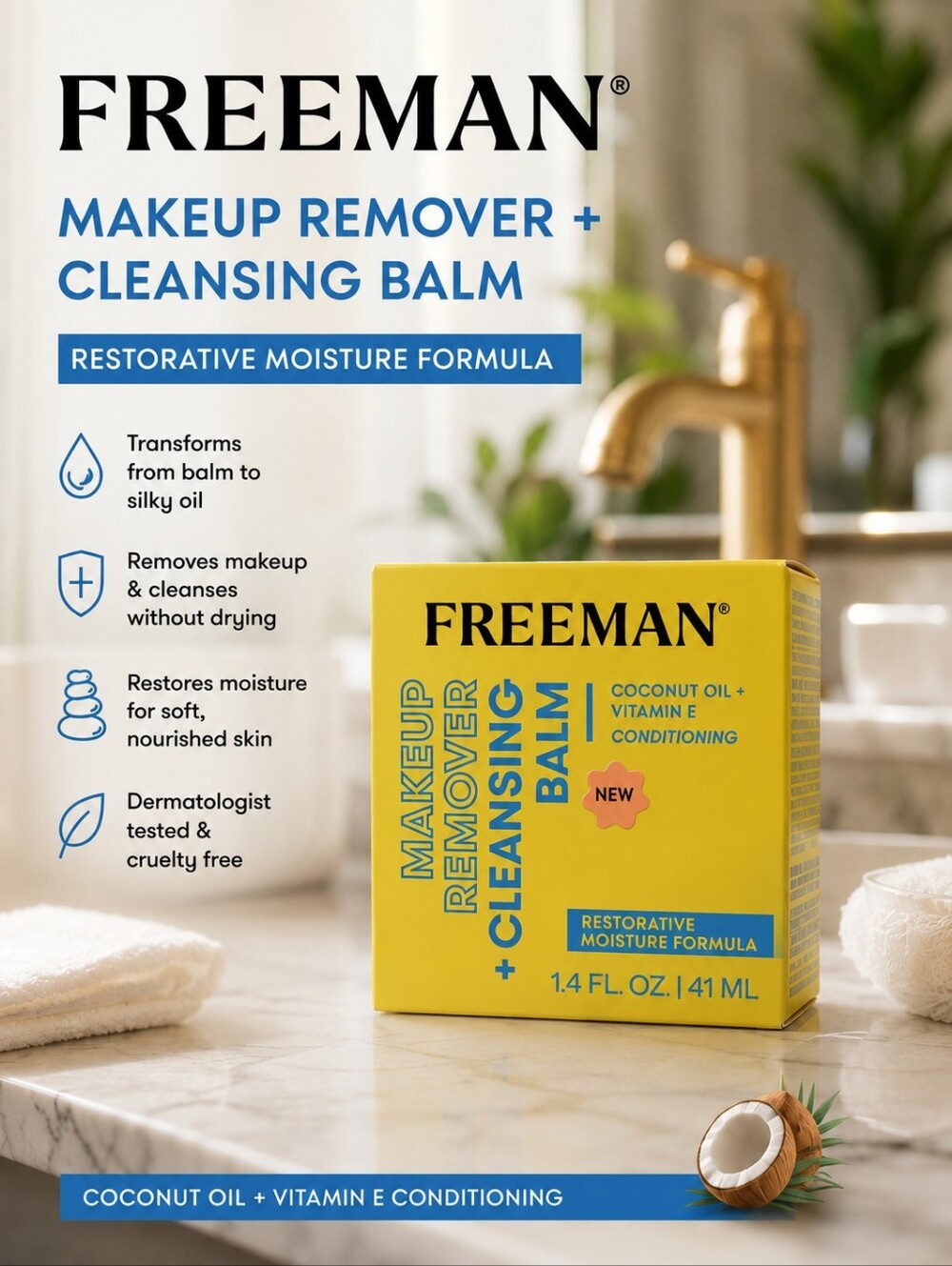 Freeman Makeup Remover Cleansing Balm Coconut Oil Vitamin E 1.4 oz Vegan NWT